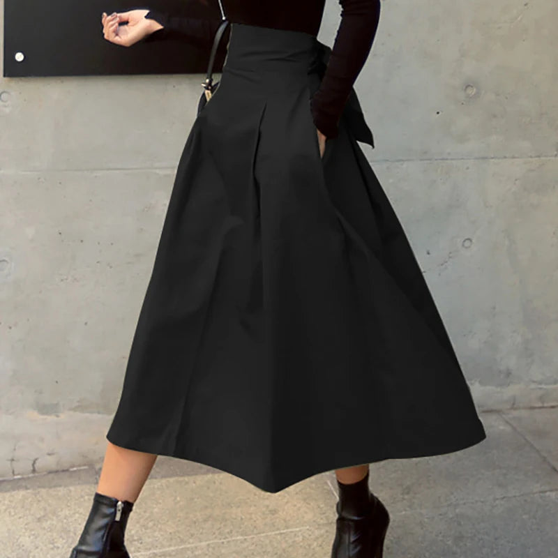 Fashion Patterned A~Line Skirt/Solid Color Swing Pleated Skirt/Long Wild High Waist Bow Slim Midi Skirts.