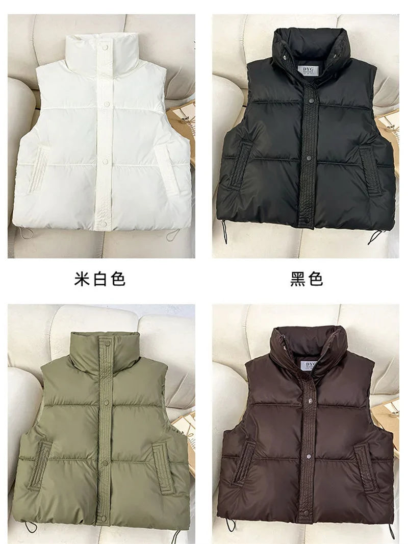 New Autumn Casual Loose Down Cotton Vests Women Stand Collar Short Sleeveless Coats Solid Zipper Waistcoat Winter Warm Vest