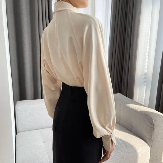Elegant Twist-Neck Satin Blouse for Women – Long Sleeve Formal Top