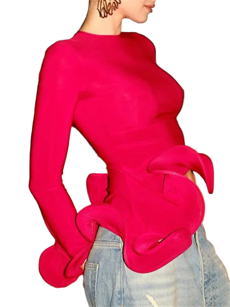 Blossom Curled Asymmetrical Ruffled Red Blouse/Iron Shaped Crew Neck/Glowing Flare Sleeve Cropped Top.