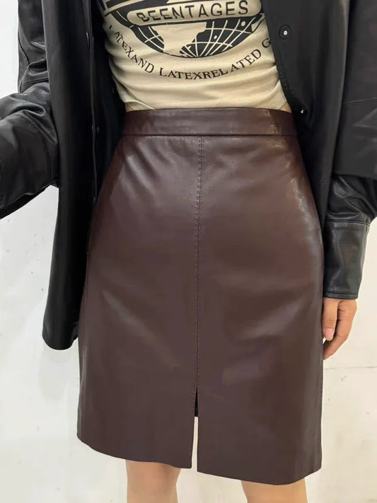 Burgundy Faux Leather Mini Skirt with Front Slit – High-Waist Vegan Leather Skirt