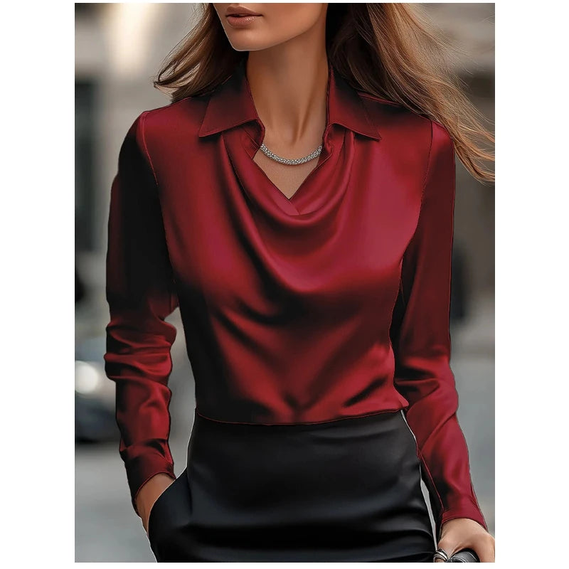 Stand Out Reflected Solid Blouse/Full Sleeve Swing Collar Pullover/Temperament Printing Simple Shirt Office Lady Elegant/Stunning.
