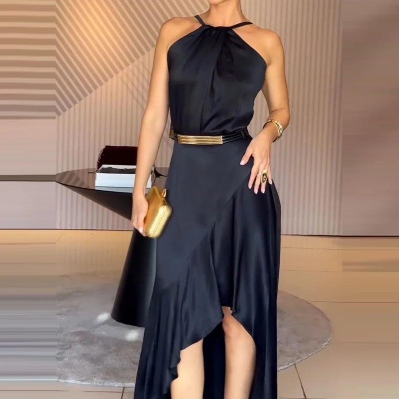 Elegant Black Satin Halter Midi Dress for Women – Asymmetrical Hem, Backless Evening & Cocktail Dress | Modern Blend Boutique