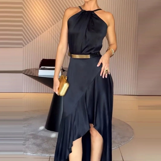 Elegant Black Satin Halter Midi Dress for Women – Asymmetrical Hem, Backless Evening & Cocktail Dress | Modern Blend Boutique