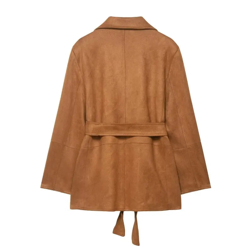 Refined Suede Leather Blazer/Autumn Long Sleeve with Shoulder Pads Pocket/Women's Blazer Simple Female Outwear Chic Blazer’s.