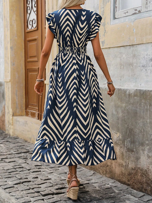 2026 New Summer Women Elegant Printed Short Sleeve Dress Tie Waist Long Hem Casual Fashion Midi Dress