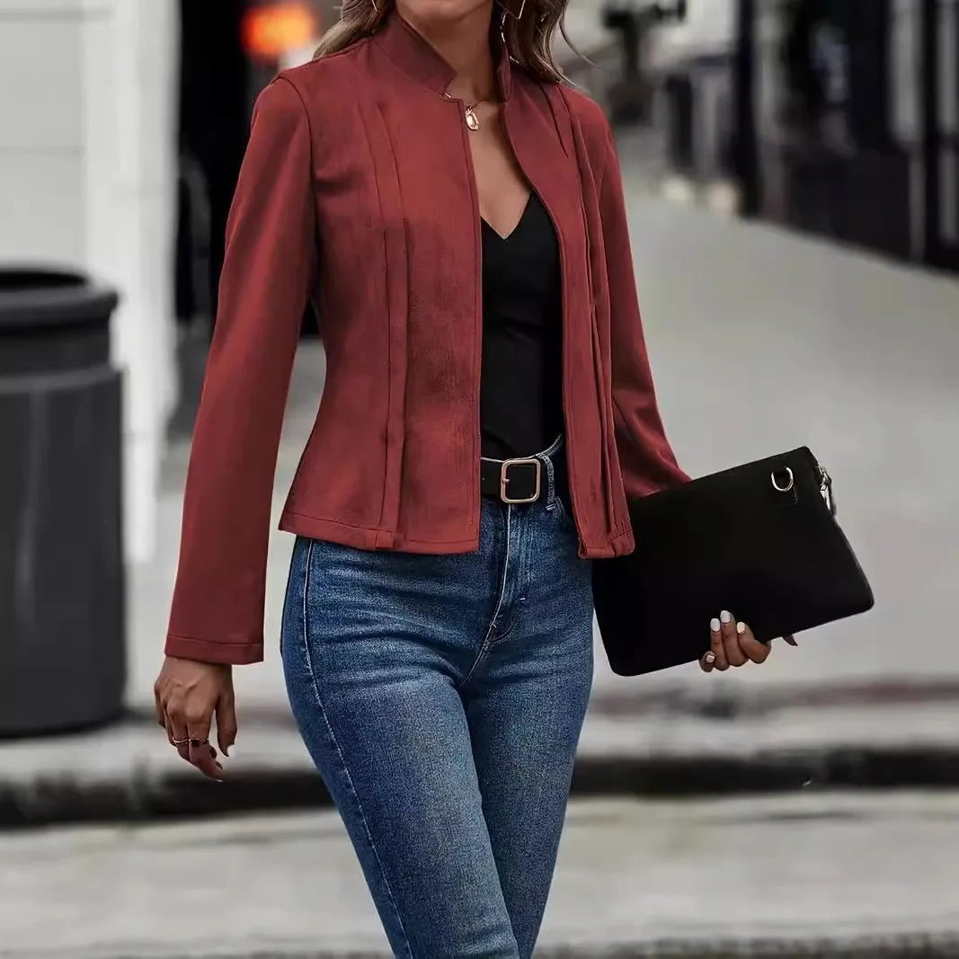 Faux Suede Leather Jacket/Winter Solid Color Long Sleeved Versatile Cardigan Short Jacket.