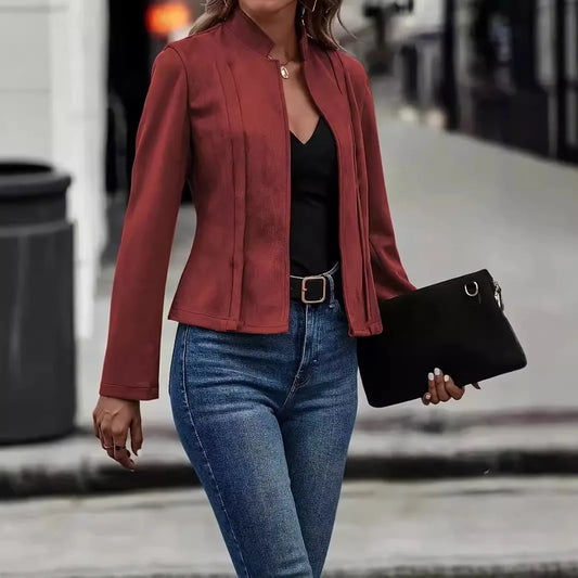 Faux Suede Leather Jacket/Winter Solid Color Long Sleeved Versatile Cardigan Short Jacket.