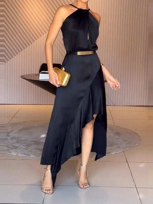 Elegant Black Satin Halter Midi Dress for Women – Asymmetrical Hem, Backless Evening & Cocktail Dress | Modern Blend Boutique