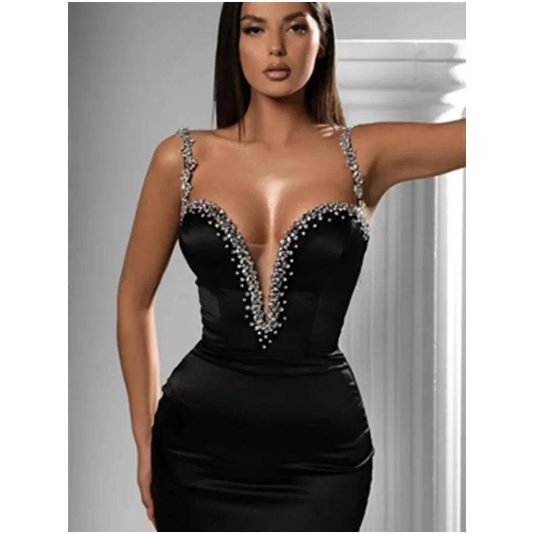 Modern V Neck Beading Diamond Dress/Beaded V‑Neck Mini Dress –cocktail dress/Black Mini Bodycon Bandage Dress.