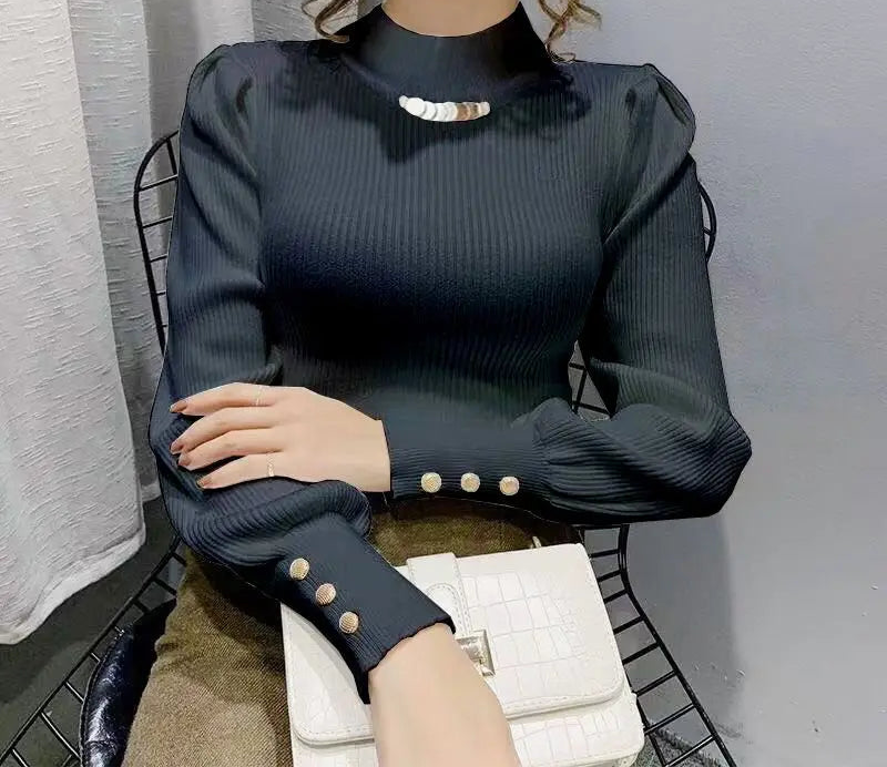 Elegant Solid Colored Button Sleeve Sweater’s/Women's Clothing/Autumn Winter Loose All-match Pullover’s.