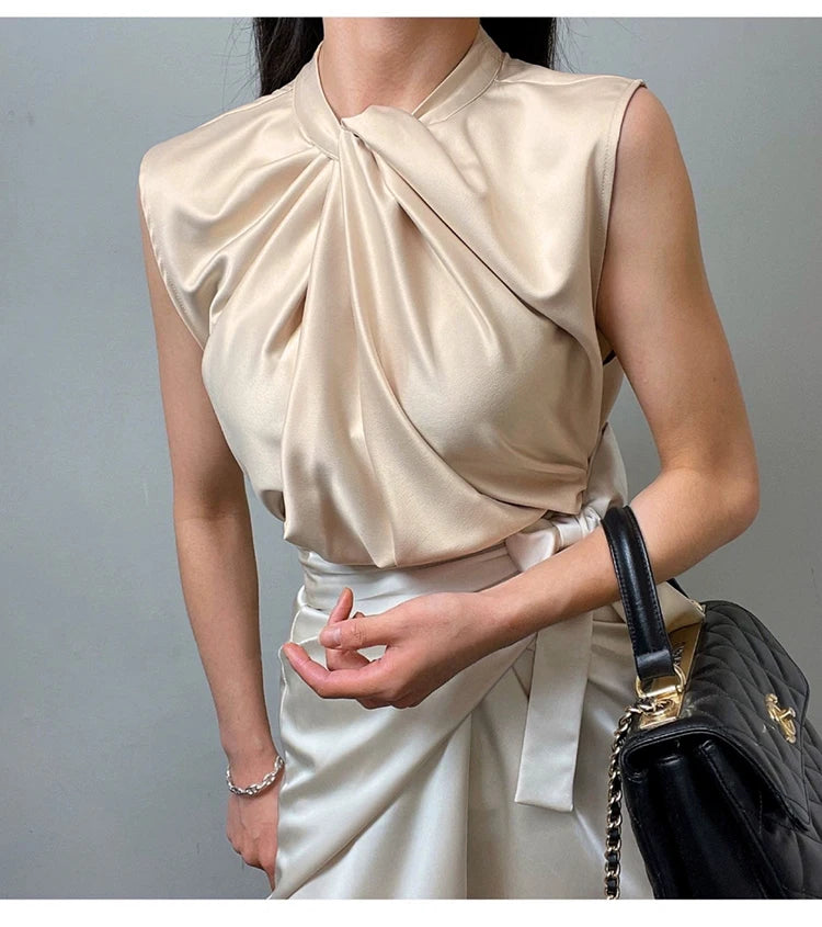 Women’s Satin Twist-Neck Sleeveless Blouse – Elegant Draped Office & Occasion Top
