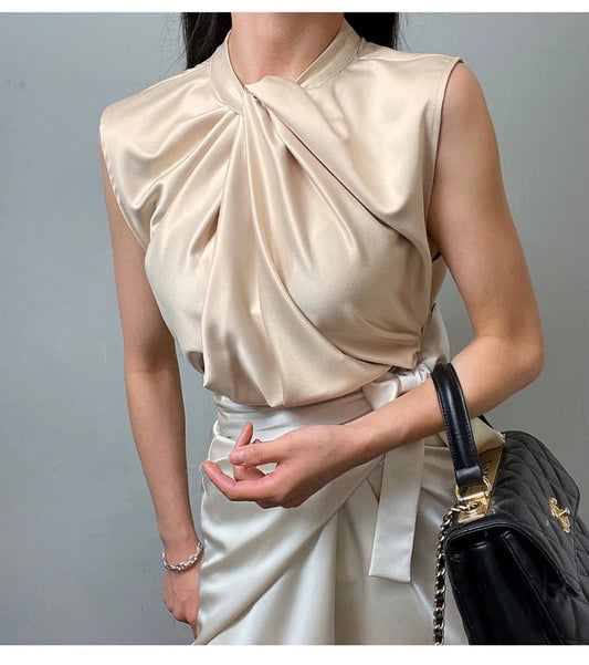 Women’s Satin Twist-Neck Sleeveless Blouse – Elegant Draped Office & Occasion Top