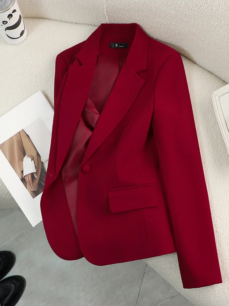 Elegant Slim Fitted Blazer’s/Red/Green Beige/Black/Solid Female Business Work Wear/Buttoned Formal Jacket Coat For Autumn Winter.