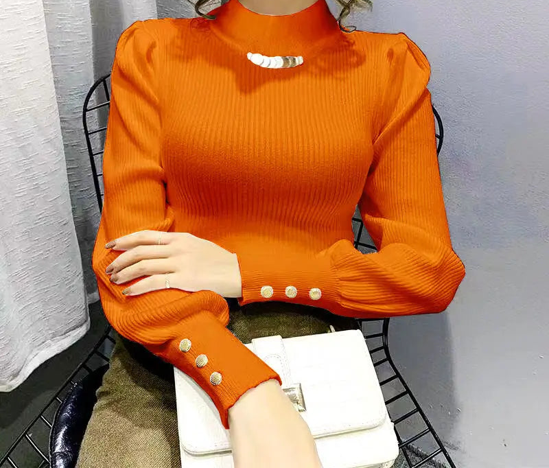 Elegant Solid Colored Button Sleeve Sweater’s/Women's Clothing/Autumn Winter Loose All-match Pullover’s.