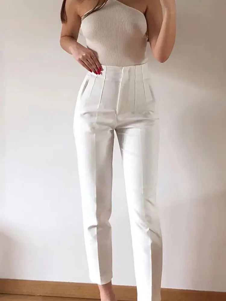 Solid HH Flat Front Pencil Pant’s/High Waist Casual Streetwear/Woven  Trouser’s Office Wear Chic Pant’s.