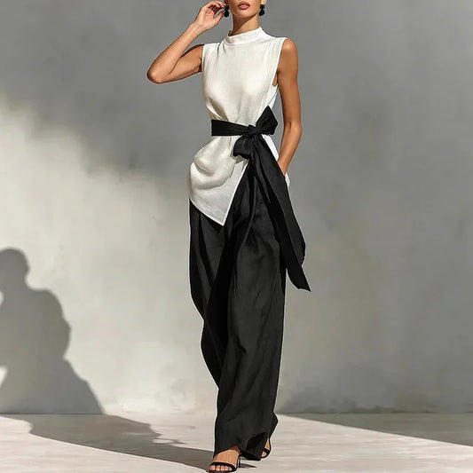 Elegant Sleeveless Tie Top & Wide-Leg Pants Two-Piece Set – Slim Fit Luxury Lounge Ensemble