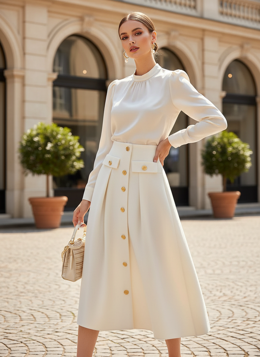 Elegant Ivory High-Waist Midi Skirt with Gold Buttons | Luxury Classic A-Line Skirt