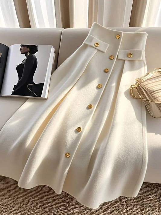 Elegant High Waist Sliming A-line Skirt/Women Autumn/Winter High Waist Vintage Skirts.Mid Calf In Length/Solid.