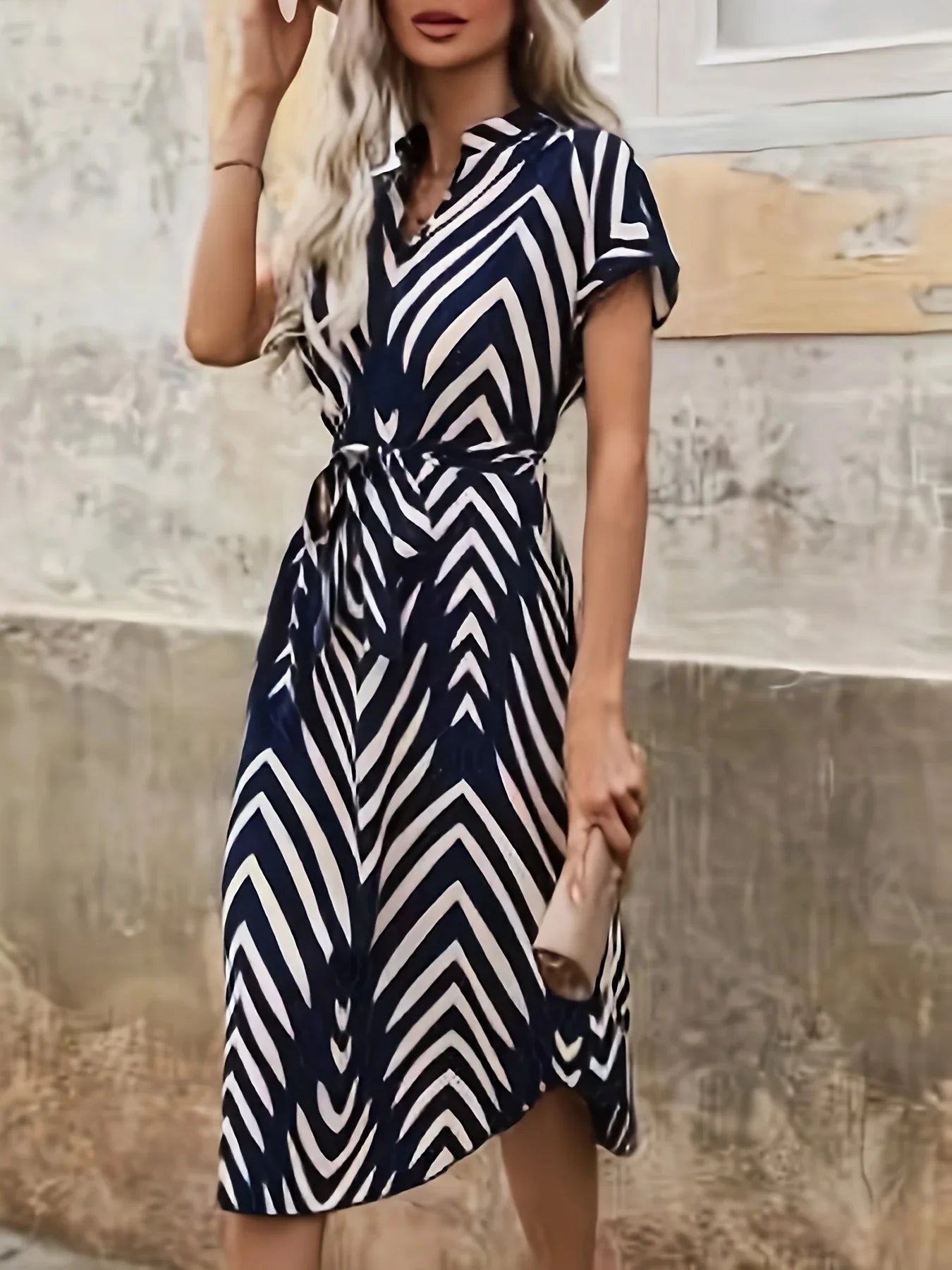 Modern Blend Boutique | Elegant Chevron Belted Midi Dress – Timeless Summer V-Neck Dress