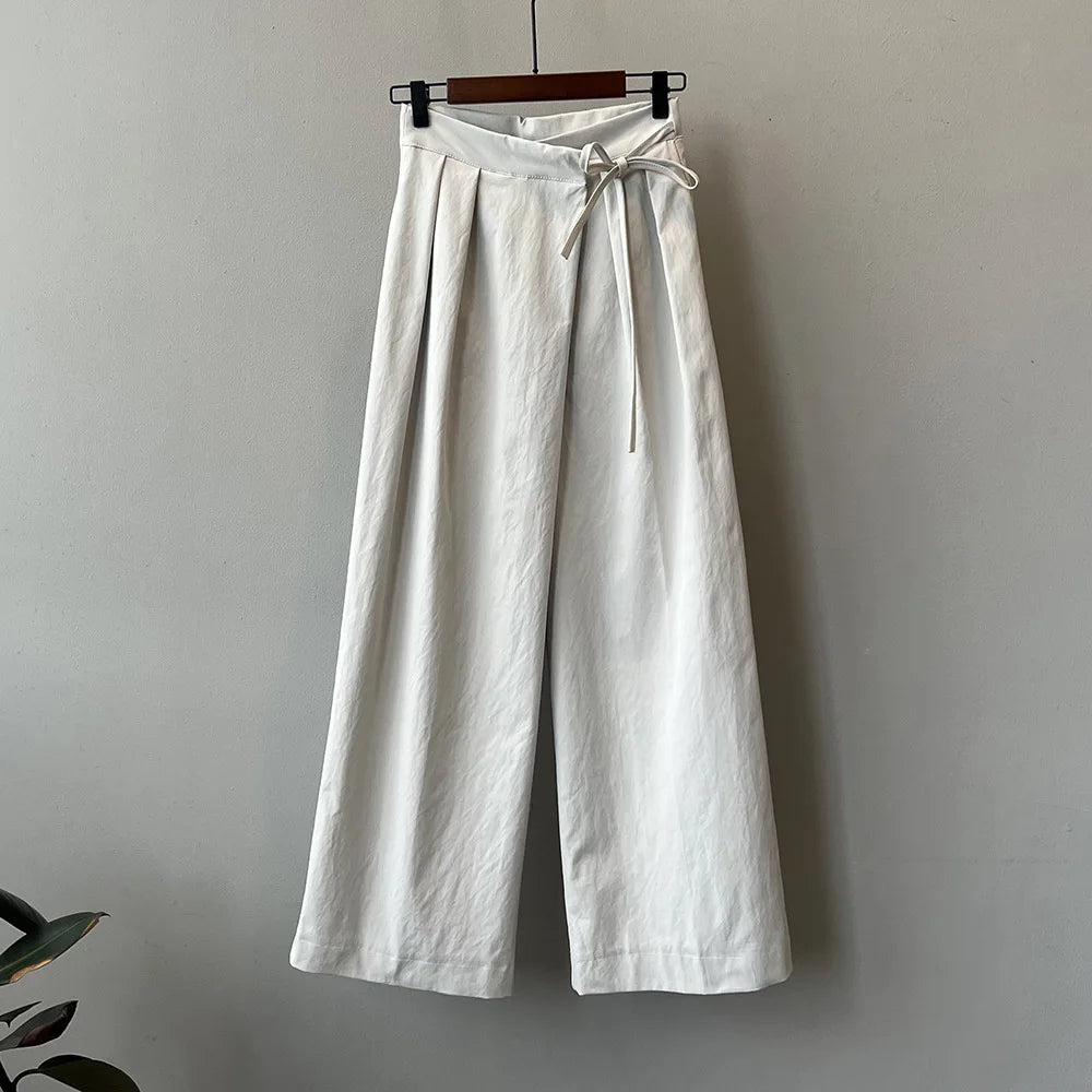 Fashion Tie Up Knotted Asymmetric Strapped Pant’s/ Lace-up Wide Leg Chic Style/High Waisted Solid Loose Ladies Straight Trouser’s.