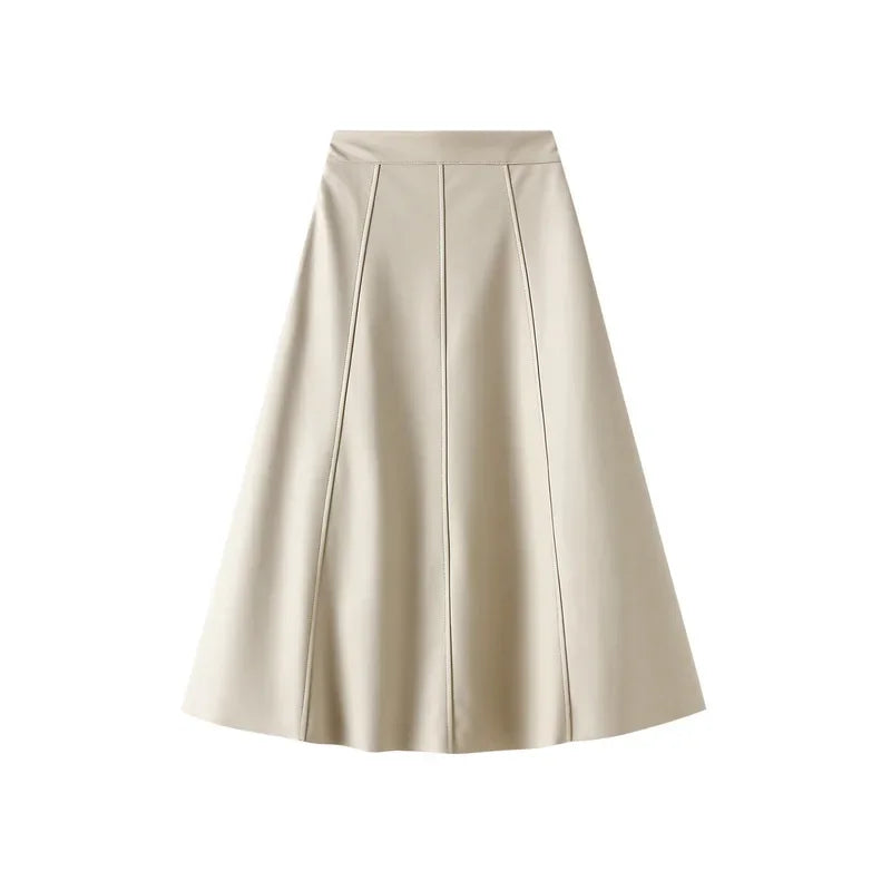 Vintage Faux Leather Skirt Women Autumn Fashion/Midi Long A Line Skirt Female Beige Khaki Elegant PU Skirt A319.