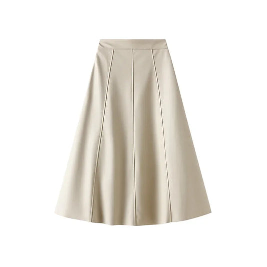 Vintage Faux Leather Skirt Women Autumn Fashion/Midi Long A Line Skirt Female Beige Khaki Elegant PU Skirt A319.