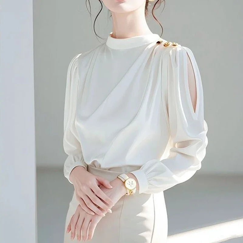 Luxury Ivory Chiffon Blouse with Gold Button Shoulder & Sheer Sleeves