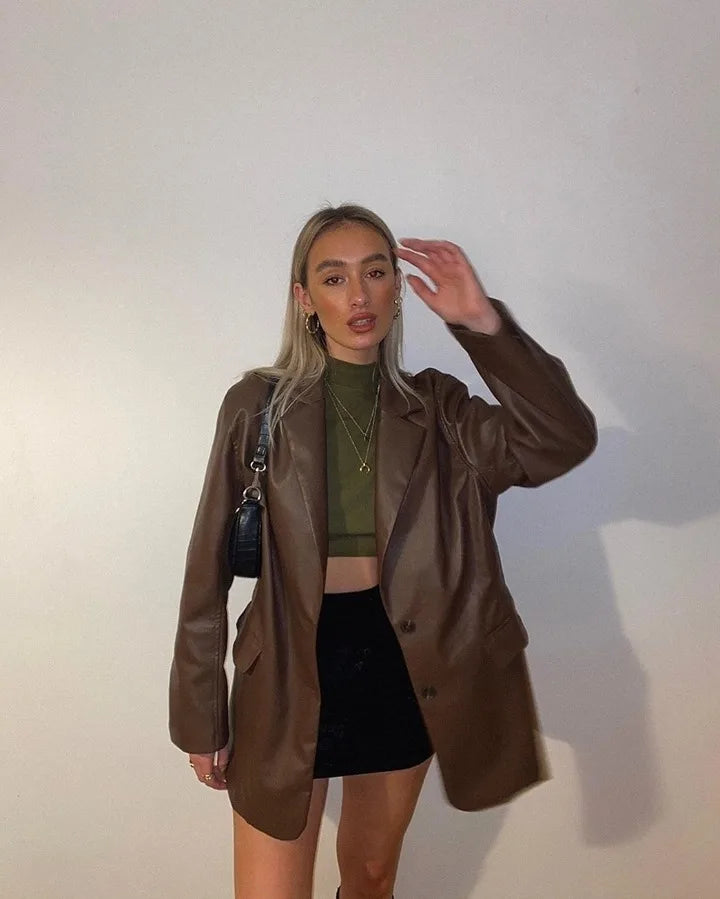 Women’s Oversized Vegan Leather Blazer – Single Breasted Faux Leather Jacket with Pockets