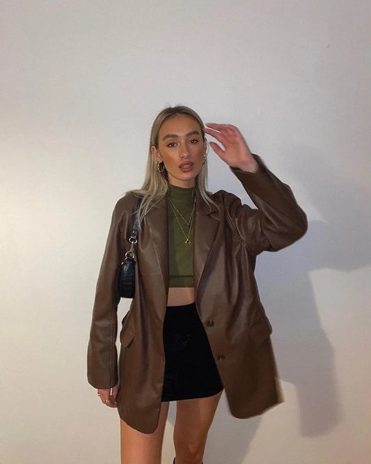 Women’s Oversized Vegan Leather Blazer – Single Breasted Faux Leather Jacket with Pockets