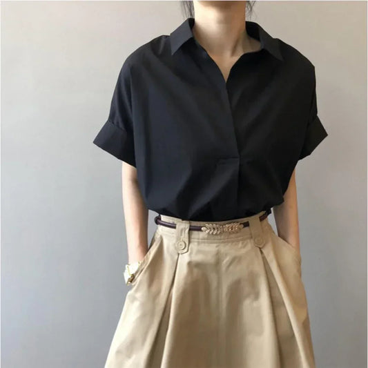 Breathable Barca Top/Simple Short Batwing Sleeve Turn/Town Quick Dry Collar Shirts Solid Color/Female Vintage Style/Comfortable Stretched fitted Shirt.