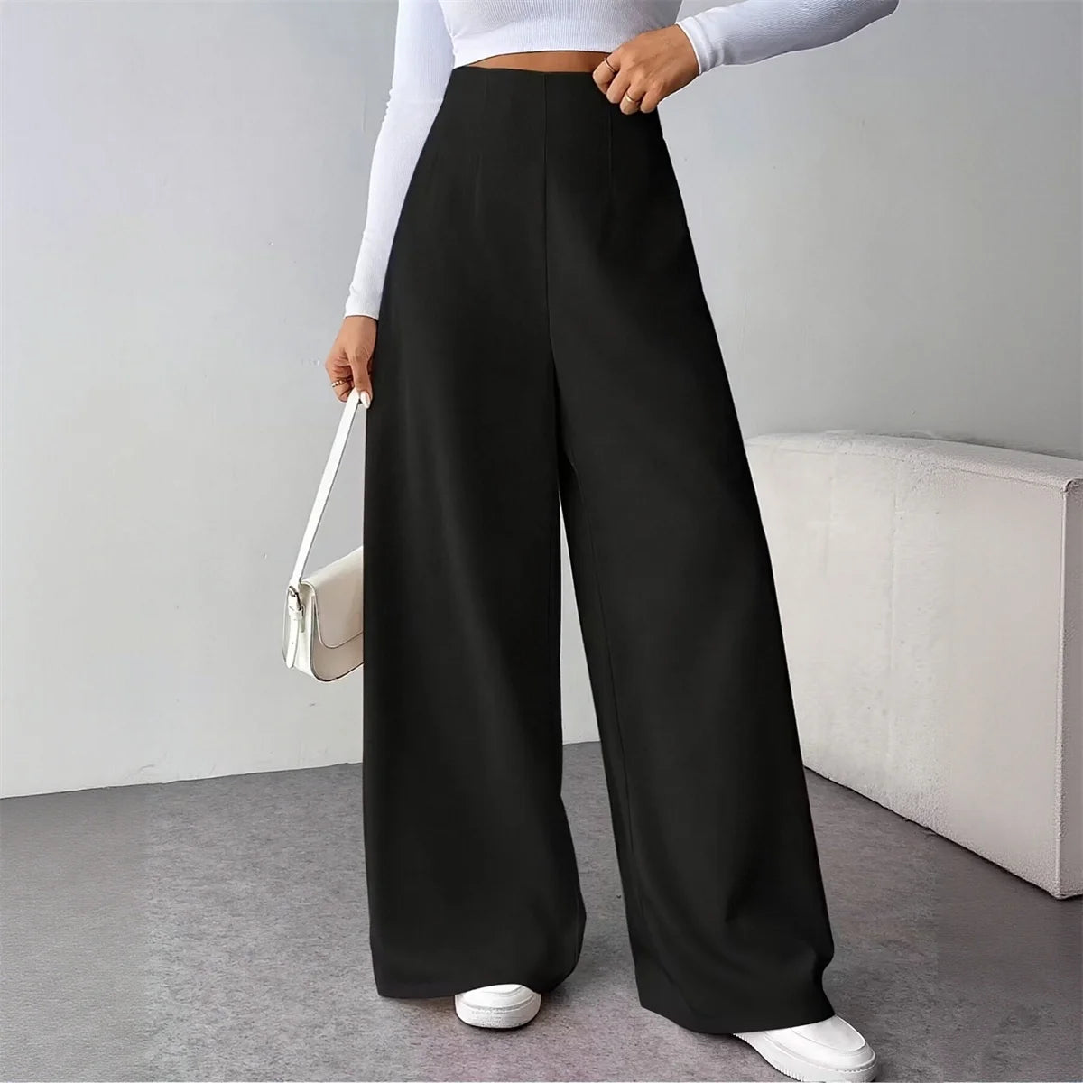 Fashioned Wide Leg Trouser’s/Non~Zipper Comfortable Fit/High Waist Pant’s/Slightly Stretched/Tatting Pattern Pant’s/Solid Colored Street Wear Clothing.