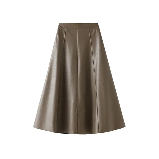 Vintage Faux Leather Skirt Women Autumn Fashion/Midi Long A Line Skirt Female Beige Khaki Elegant PU Skirt A319.