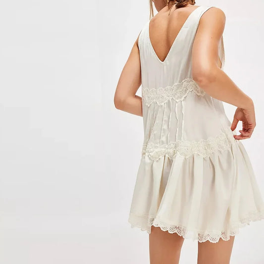 Scarlet Lace Satin Mini Dress – Feminine Flowy Coquette Slip Dress