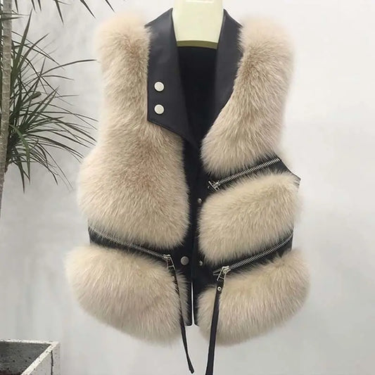 Autumn Winter New Women Fur Grass Coat/Vests V-Neck Solid ButtonZipper/ Simplicity Fashion Luxury Loose/Sleeveless Cardigan Coat.
