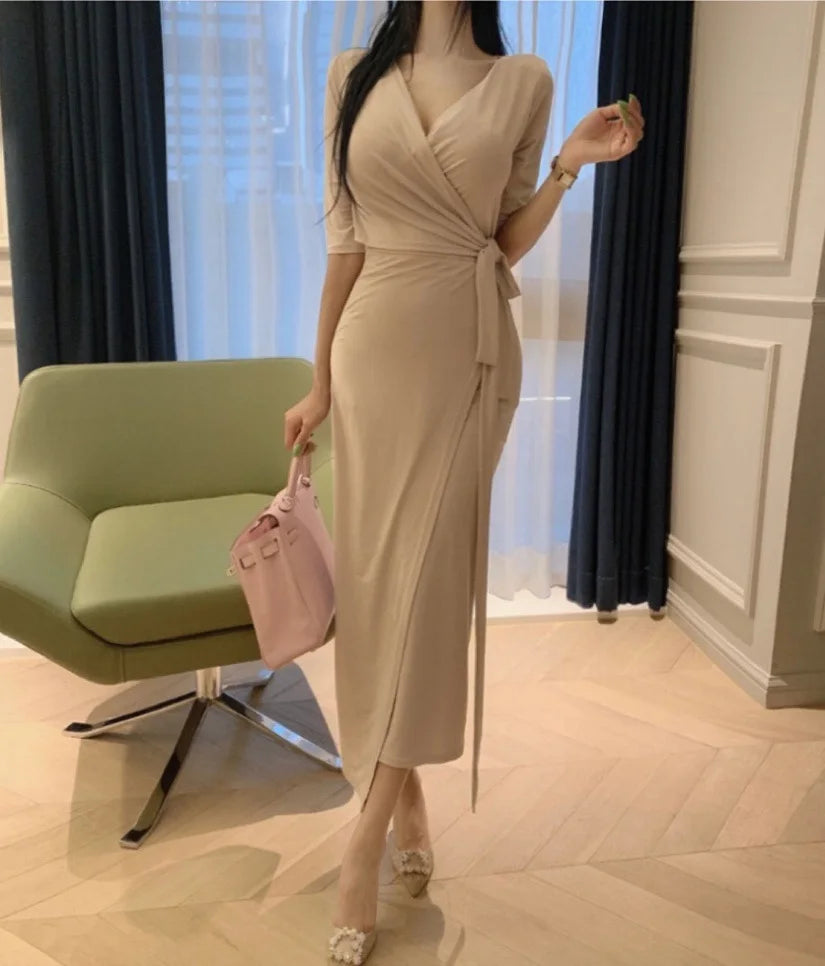 Slimming V-Neck Belted Maxi Dress.