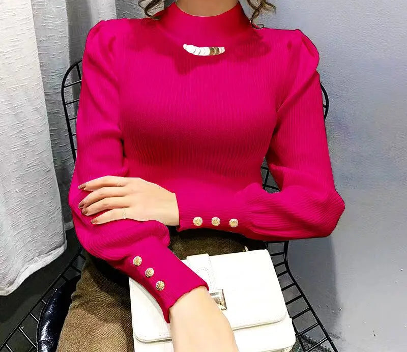 Elegant Solid Colored Button Sleeve Sweater’s/Women's Clothing/Autumn Winter Loose All-match Pullover’s.