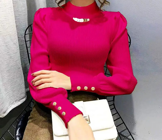 Elegant Solid Colored Button Sleeve Sweater’s/Women's Clothing/Autumn Winter Loose All-match Pullover’s.