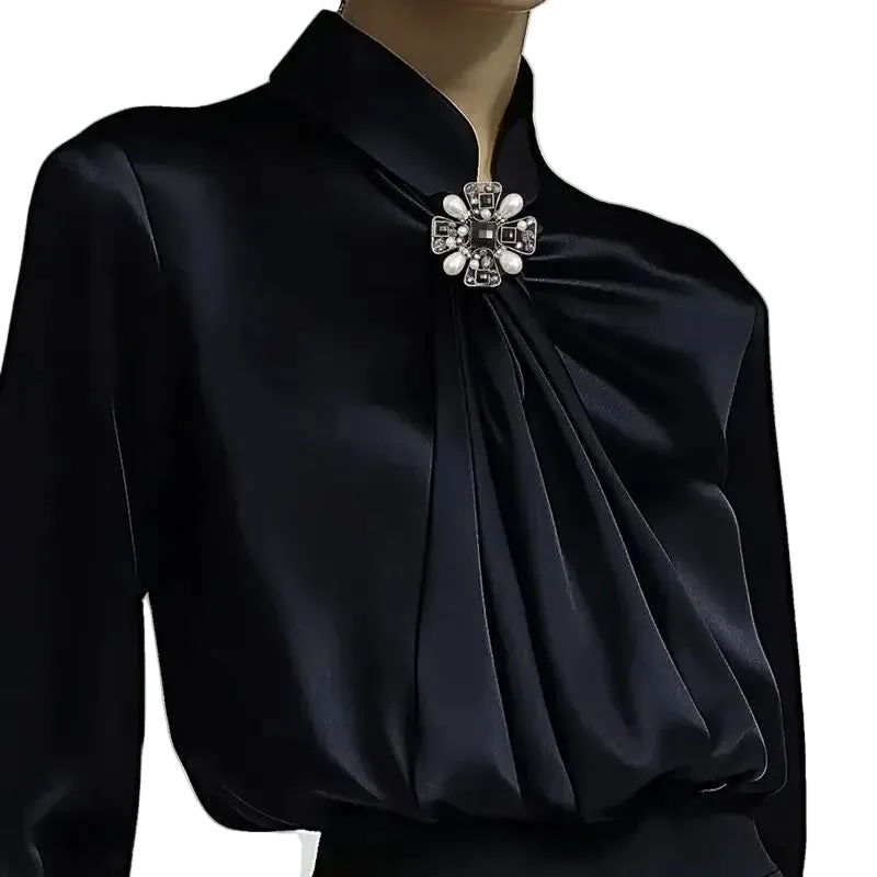 Black Satin High-Neck Blouse with Crystal Accent|Elegant Jewel Neck Long Sleeve Satin Blouse
