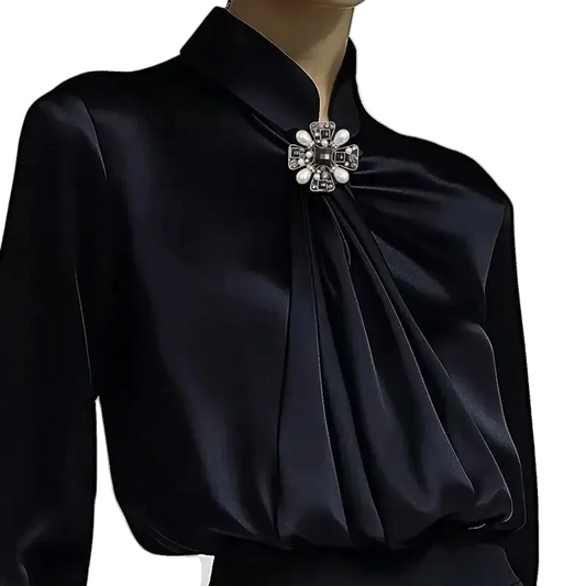Black Satin High-Neck Blouse with Crystal Accent|Elegant Jewel Neck Long Sleeve Satin Blouse