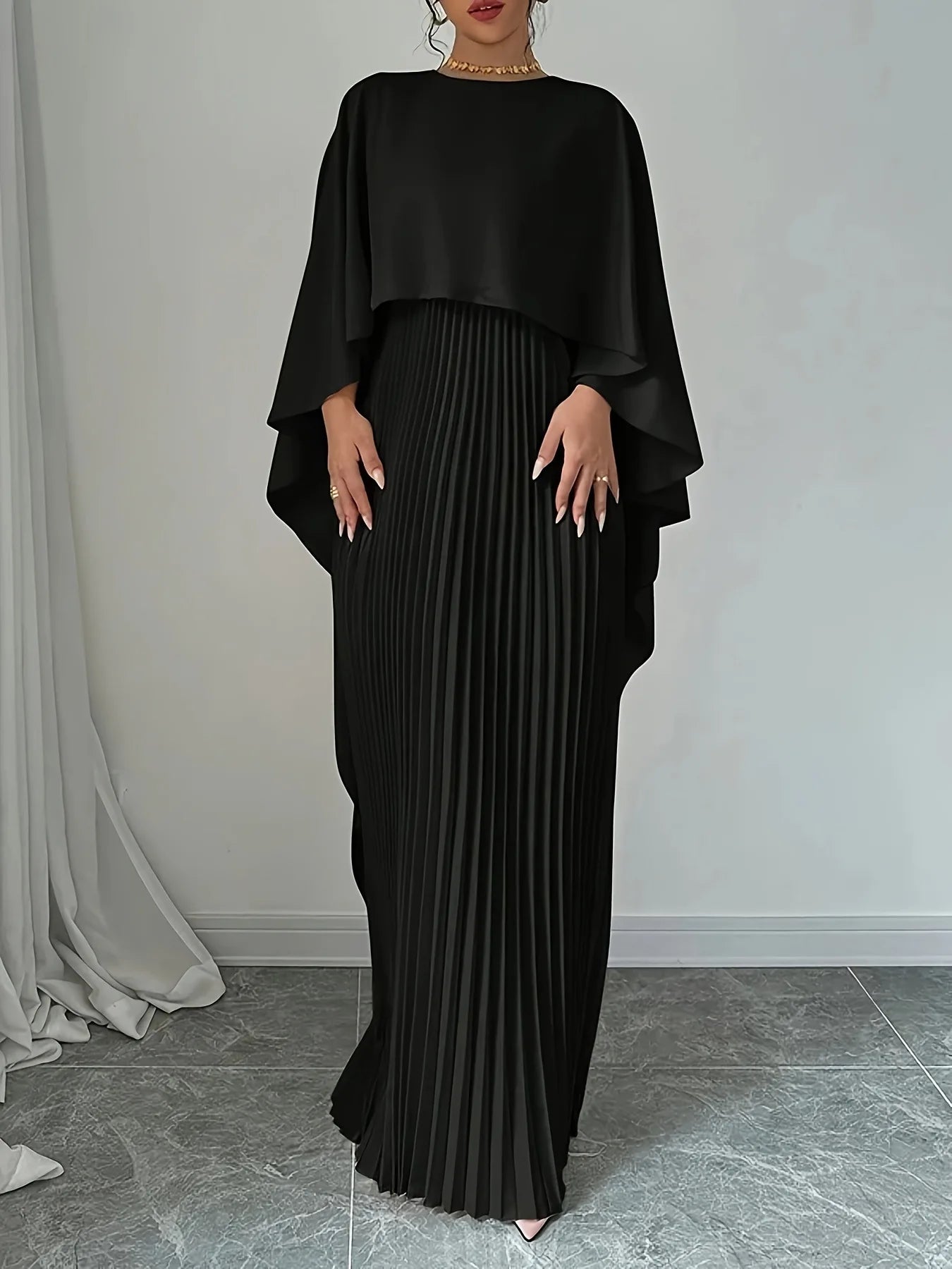 Effortlessly Elegant Cape Dress/Women's Bat Sleeve Curling Irregular Elegant Seven Inch Sleeve Long Dress.