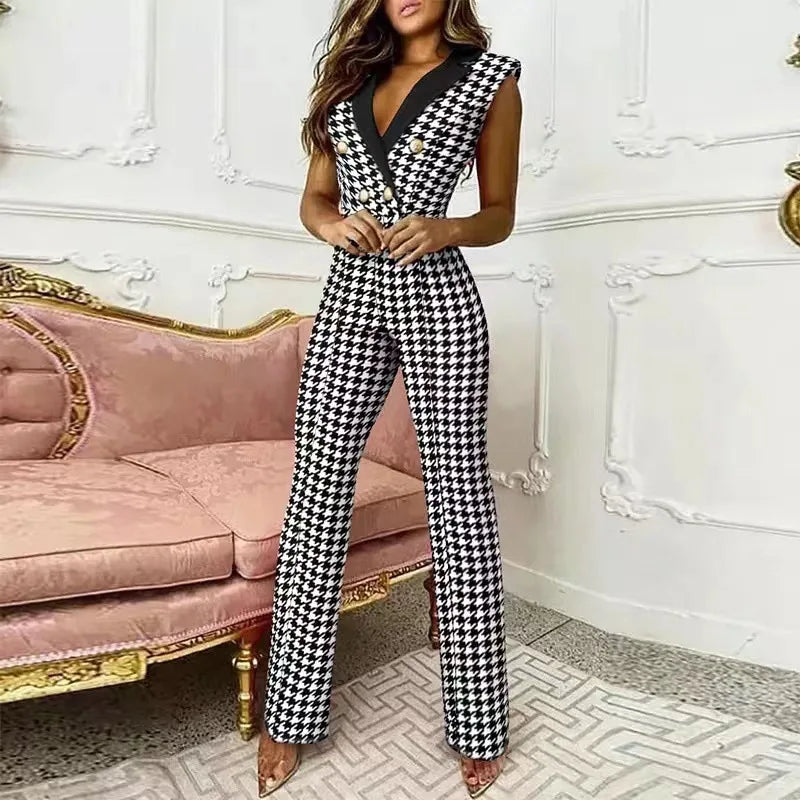 Classy Buttoned Sleeveless Jumpsuit/Houndstooth Printed Jumpsuit/Deep V-Neck Buttoned/Straight Jumpsuit New Elegant Commuting.