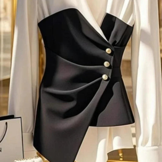 Black & White Color Block Wrap Blouse for Women | Luxury Asymmetrical Button Top