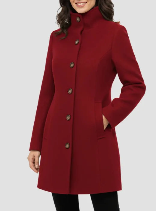 Women’s Wool-Look Tailored A-Line Coat | Stand Collar, Button Front, Slim Fit – Fall/Winter (Copy)