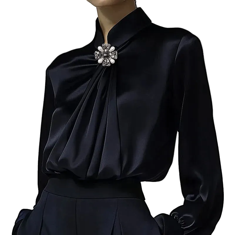 Black Satin High-Neck Blouse with Crystal Accent|Elegant Jewel Neck Long Sleeve Satin Blouse