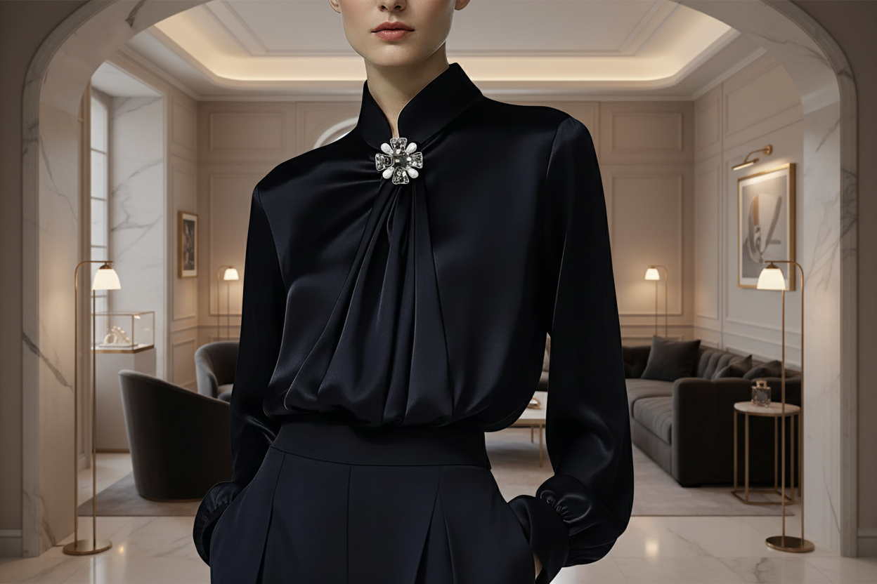 Black Satin High-Neck Blouse with Crystal Accent|Elegant Jewel Neck Long Sleeve Satin Blouse