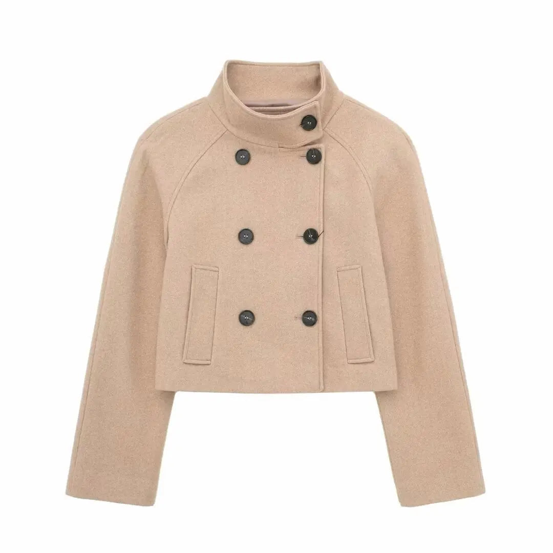 Detail Button Fleece Jacket/Double-Breasted Stand Collar/Short Sized Style Woolen Fabric Coat.