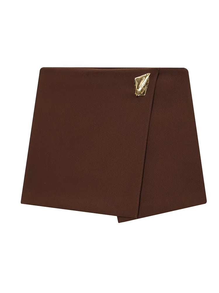Asymmetrical Gold Decoration Short Skirts/Women Elegant Skirts/Solid High Waisted Skirt.