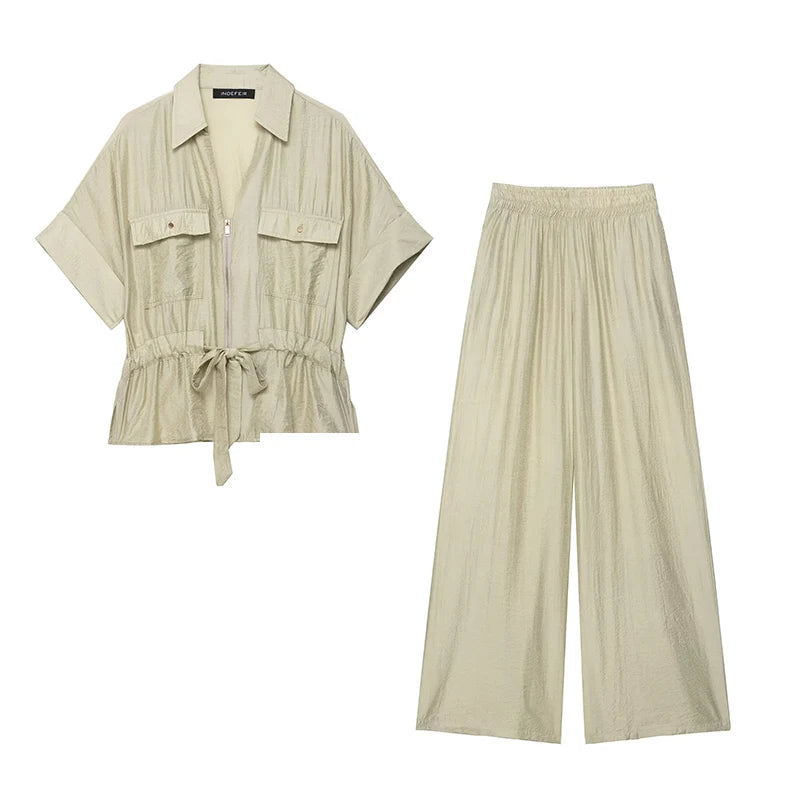 TFMLN Women Wide Leg Pant’s/2 Pieces Set’s/Short Sleeves Zipper Shirt/Straight Elastic Waist Trousers Chic Safari Style.