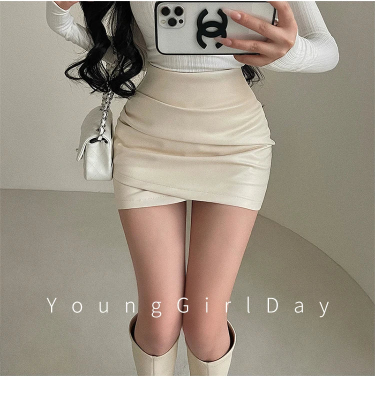 Women’s Faux Leather Ruched Mini Skirt – High Waist Bodycon Hip Wrap Club Skirt